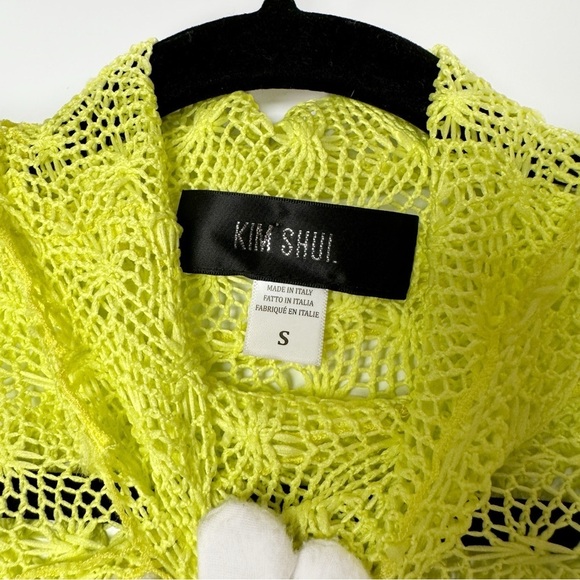 KIM SHUI Exclusive Asymmetrical Sheer Crochet Turtleneck Top Neon Yellow Size S - Picture 9 of 12